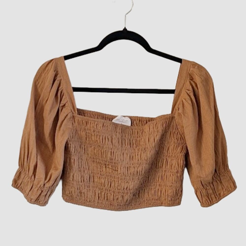 Girl and the Sun Linen Blend Smocked Milkmaid Crop Top M Brown Puff Sleeve
